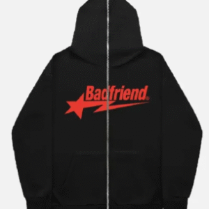 Black Full-Zip Hoodie with Red Badfriend Star Logo