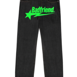 Black Jeans with Neon Green Badfriend Star Logo