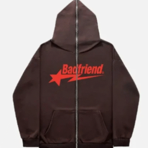 Brown Full-Zip Hoodie with Red Badfriend Star Logo