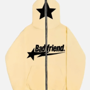 Cream Full-Zip Hoodie with Black Badfriend Star Logo