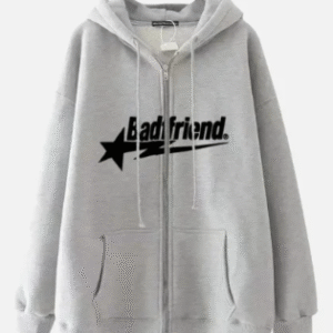 Grey Full-Zip Hoodie with Black Badfriend Star Logo
