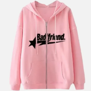 Pink Full-Zip Hoodie with Black Badfriend Star Logo