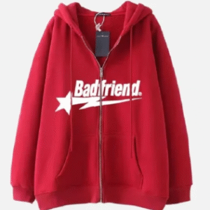 Red Full-Zip Hoodie with White Badfriend Star Logo