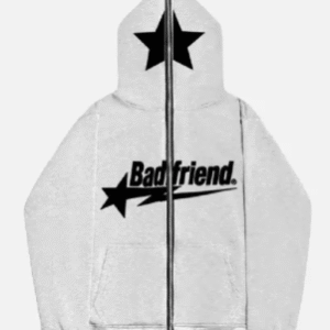 White Full-Zip Hoodie with Black Badfriend Star Logo